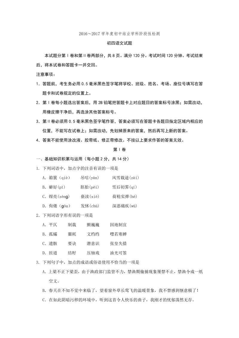 山东省淄博市张店区2017届中考一模语文试卷（含答案）