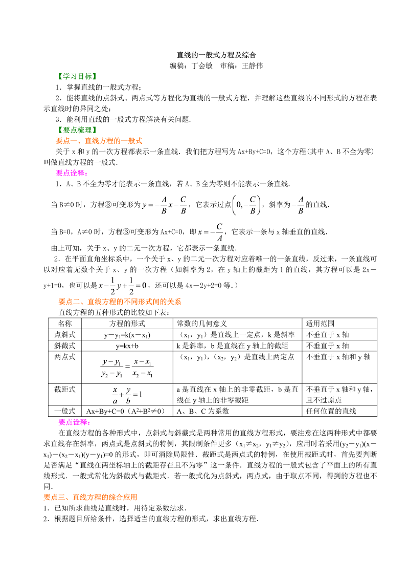 高考总复习：知识讲解_直线的一般式方程及综合_提高