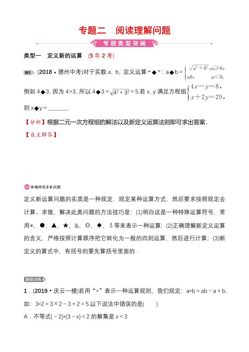 山东省德州市2020年中考数学大二轮复习专题二：阅读理解问题