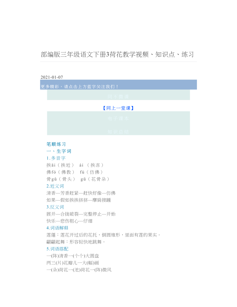 部编版三年级语文下册3荷花教学视频、知识点、练习.doc