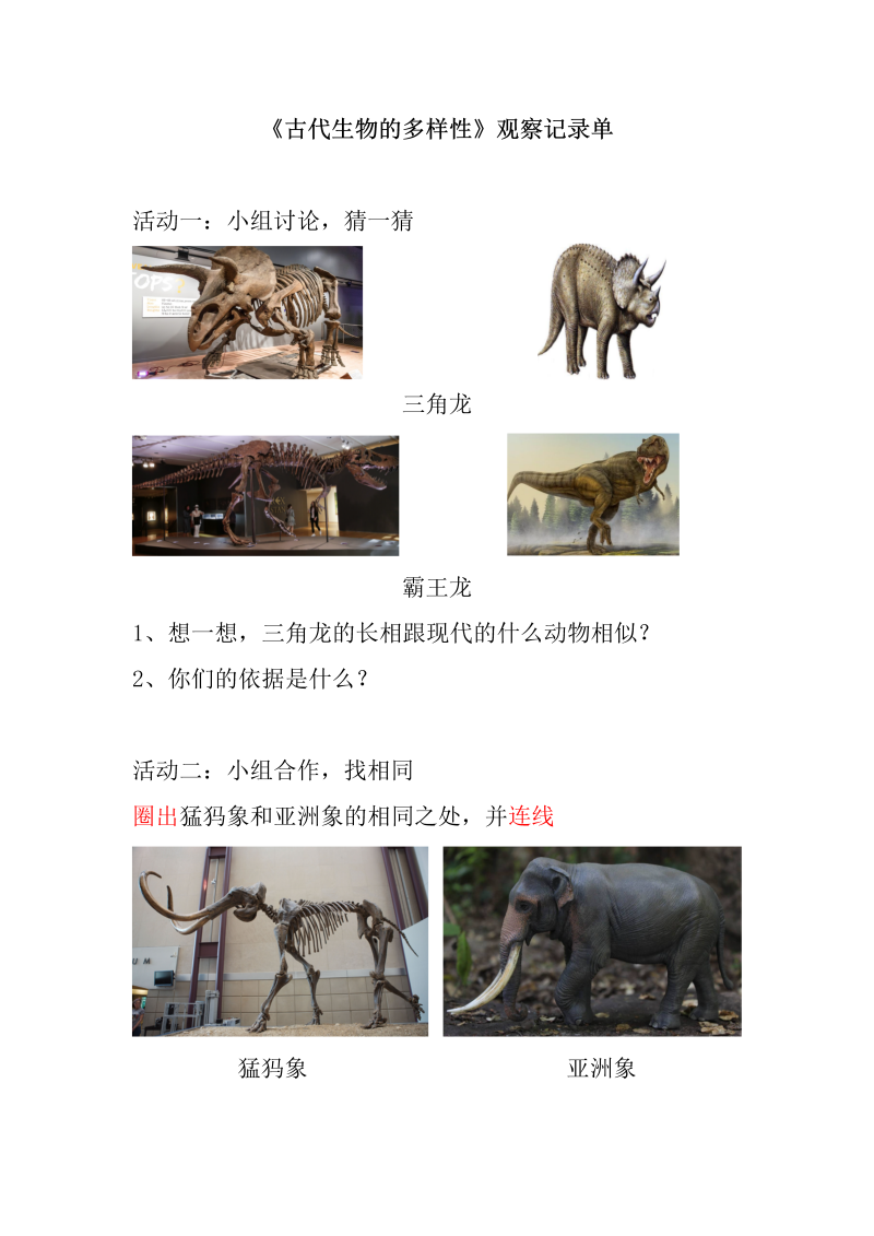 2.6 古代生物的多样性 活动记录单--2022新教科版六年级下册《科学》.docx