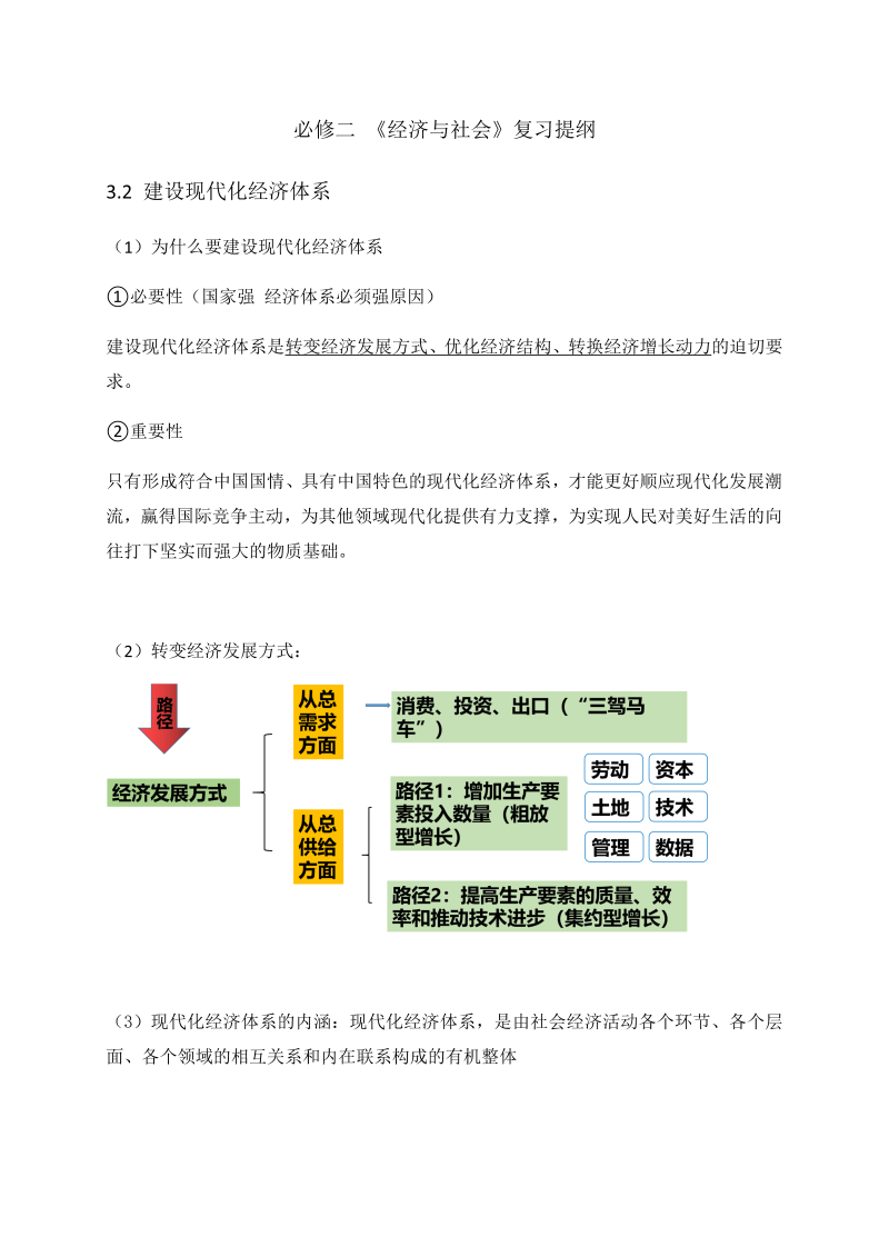 统编版高中政治必修二3.2 建设现代化经济体系 复习提纲.docx