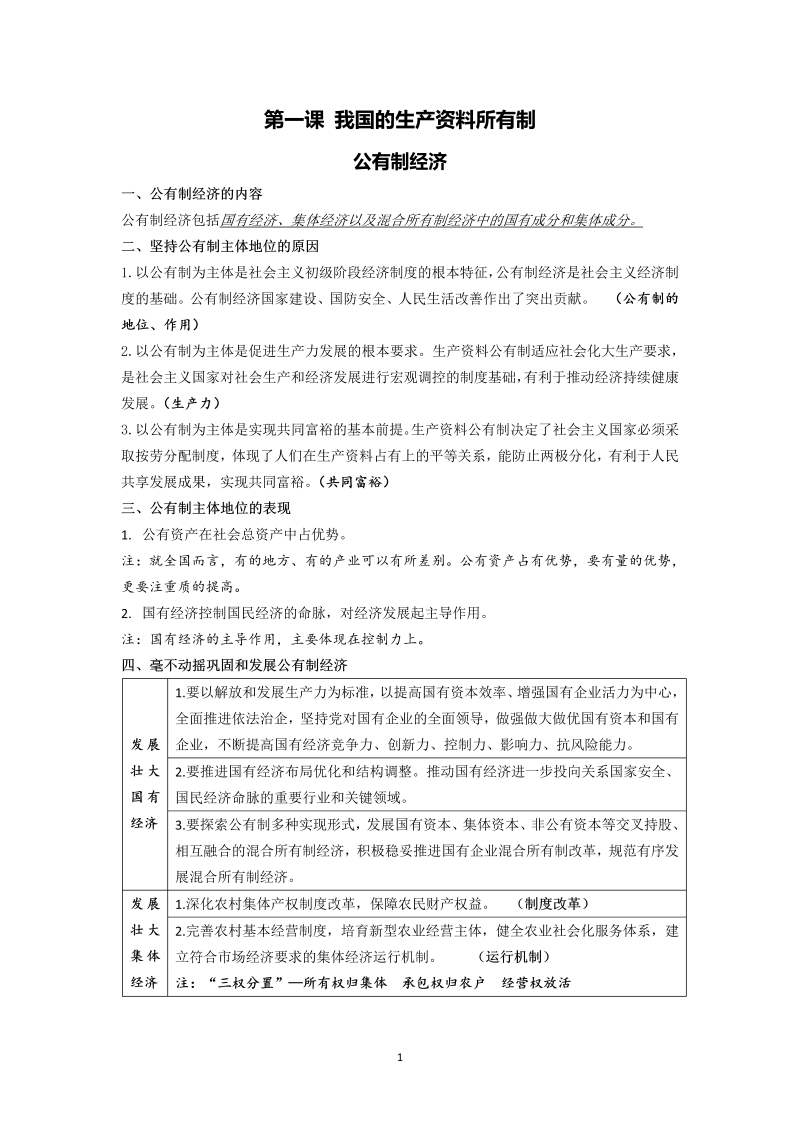 第一课 我国的生产资料所有制 知识点-统编版高中政治必修二经济与社会.doc