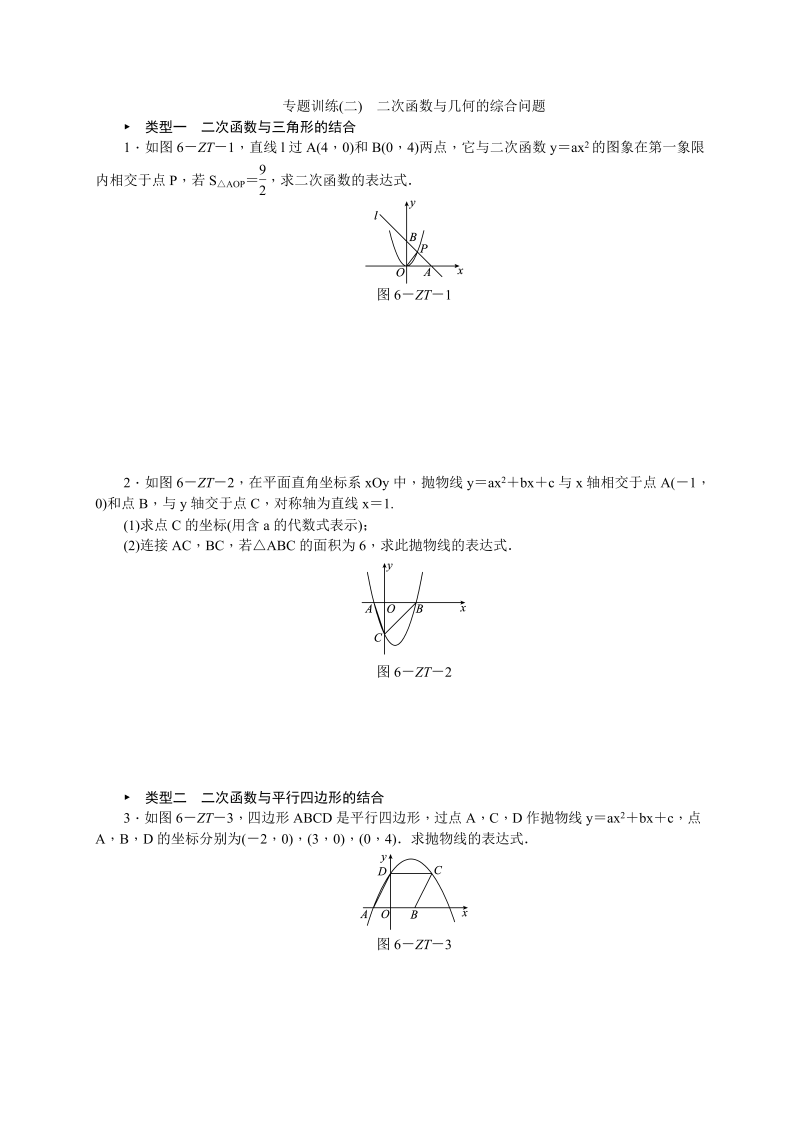 北师大版九年级数学下册专题训练(二)二次函数与几何的综合问题（含答案）