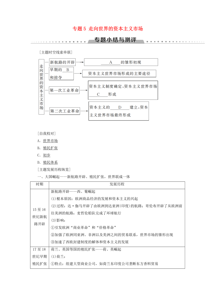 人民版高中历史必修二专题5《走向世界的资本主义市场专题小结与测评》学案（含答案）