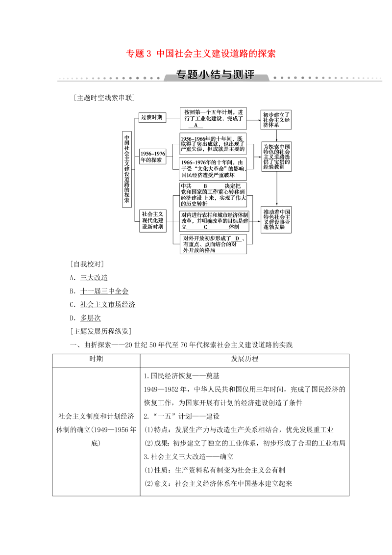 人民版高中历史必修二专题3《中国社会主义建设道路的探索专题小结与测评》学案（含答案）