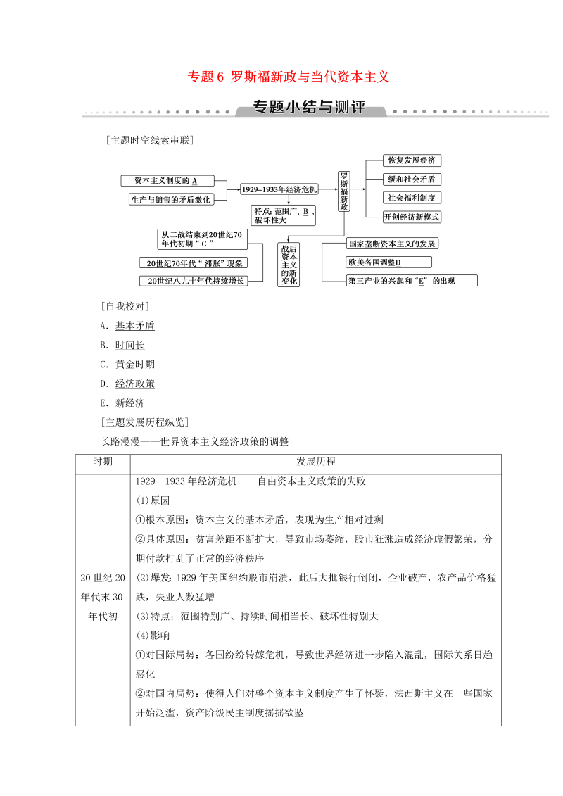 人民版高中历史必修二专题6《罗斯福新政与当代资本主义专题小结与测评》学案（含答案）