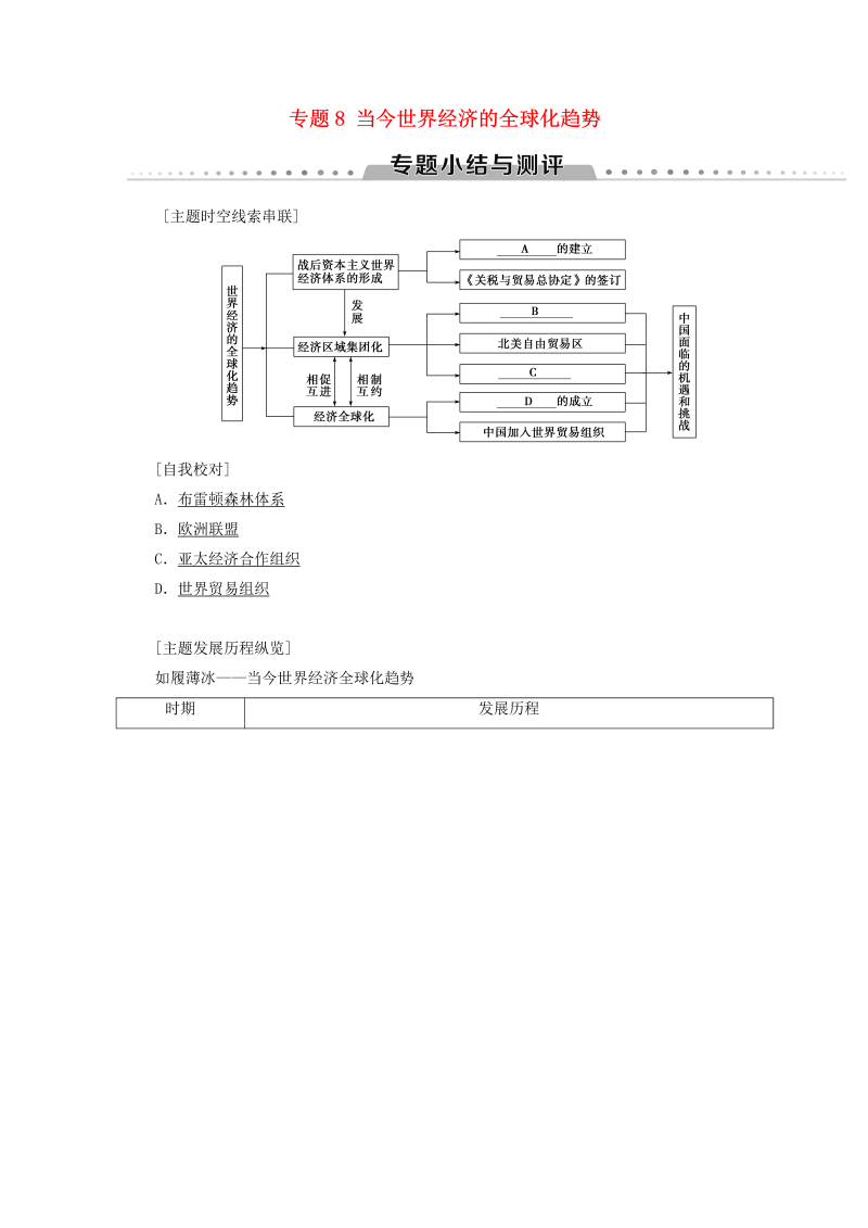 人民版高中历史必修二专题8《当今世界经济的全球化趋势专题小结与测评》学案（含答案）