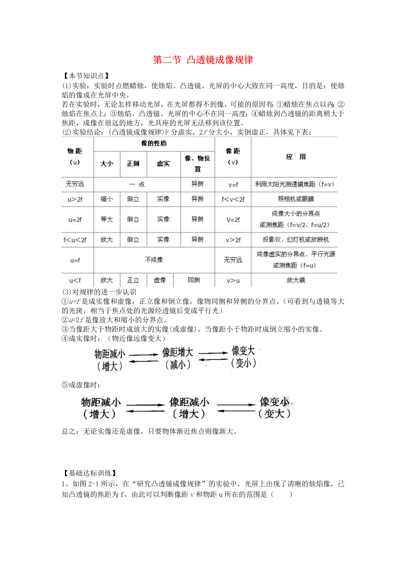 人教版八年级物理上册《第二节：凸透镜成像规律》节节练1（含答案）