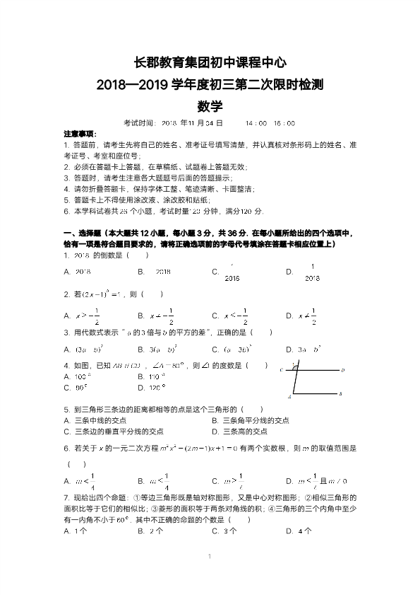 首发湖南长沙2018—201911月4号长郡集团初三期中考试数学试卷（PDF无答案）