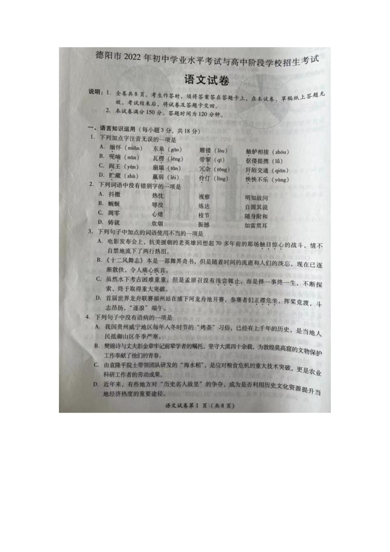 2022年四川省德阳市中考语文试题.docx