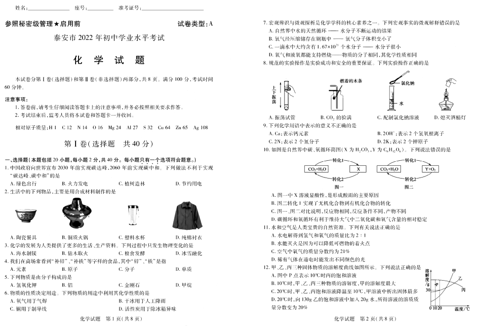 【中考试卷】2022年山东省泰安市中考化学真题试卷（PDF版含答案）.zip