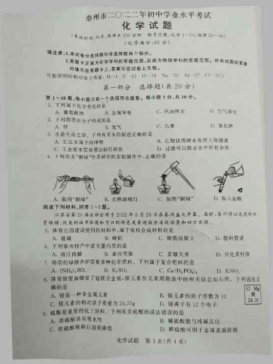 2022年江苏省泰州市中考化学真题.pdf