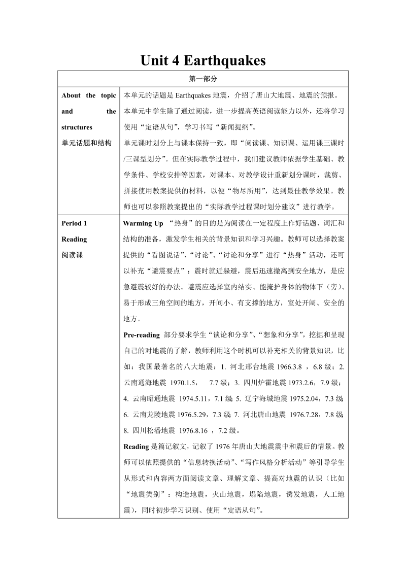 人教新课标高中英语必修1 Unit4 教学设计说明 教案