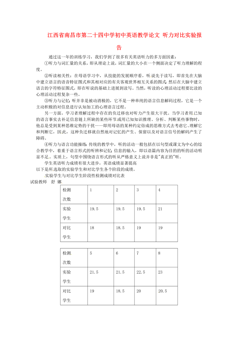 初中英语教学论文 听力对比实验报告_（仅供参考）.doc