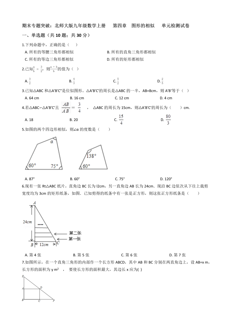 北师大版九年级数学上册期末专题《第四章图形的相似》单元检测试卷（含答案）