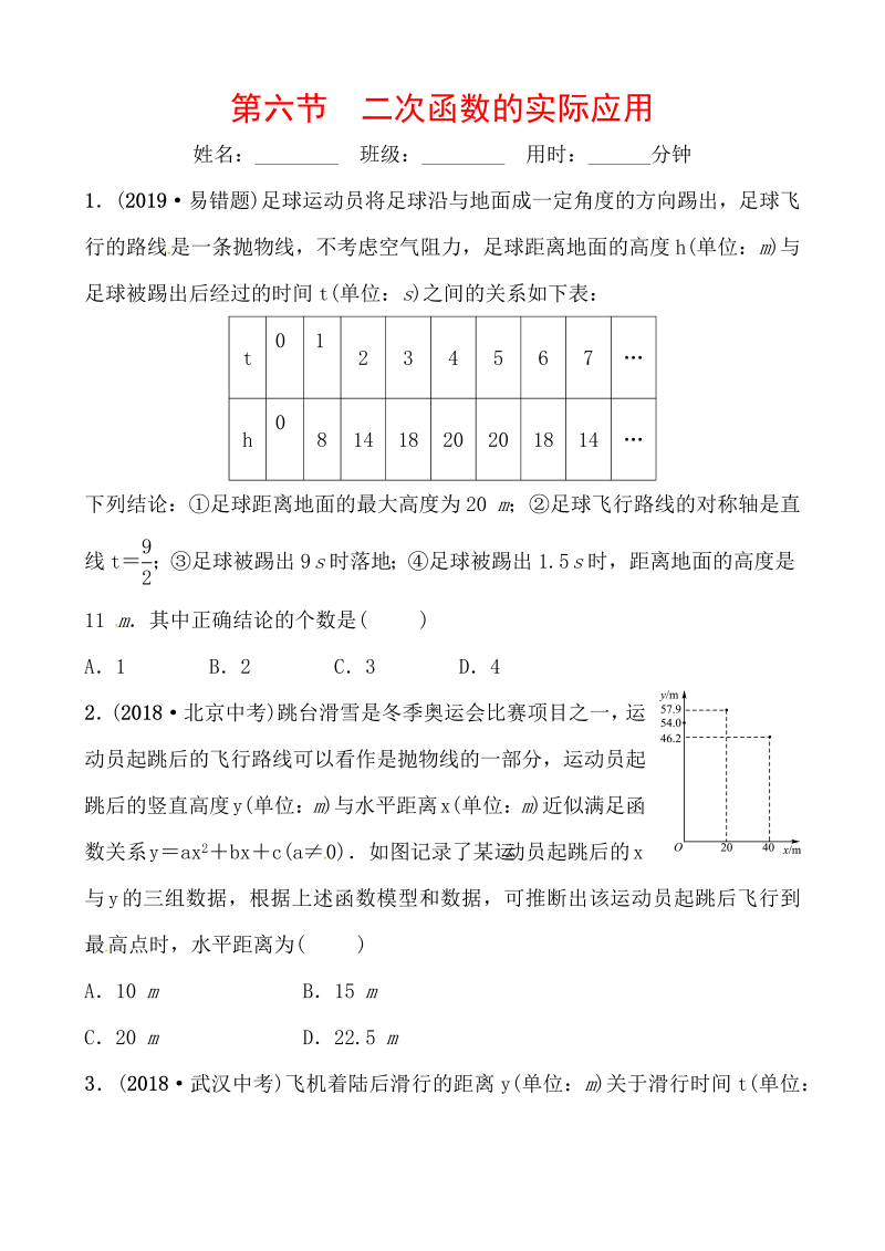 2019山东省潍坊市数学中考一轮复习《第三章第六节二次函数的实际应用》同步训练（含答案）