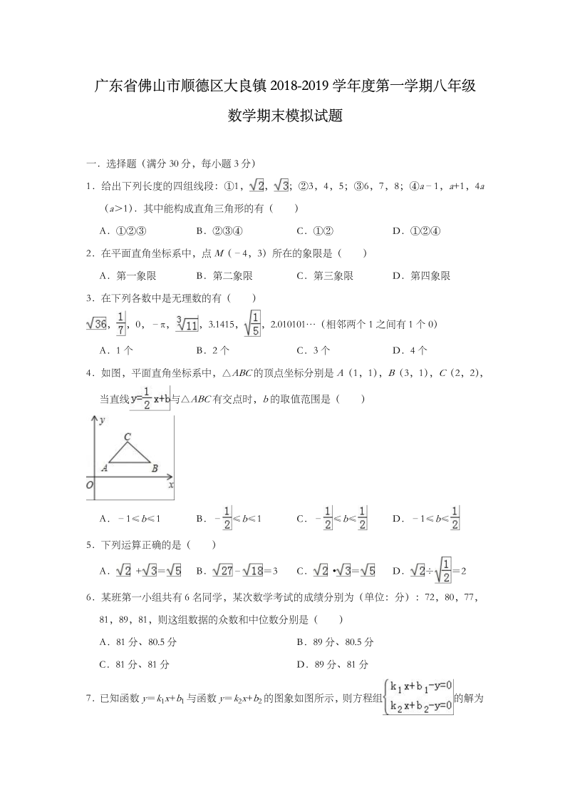 广东省佛山市顺德区大良镇2018-2019学年度八年级上数学期末模拟试题（含答案）