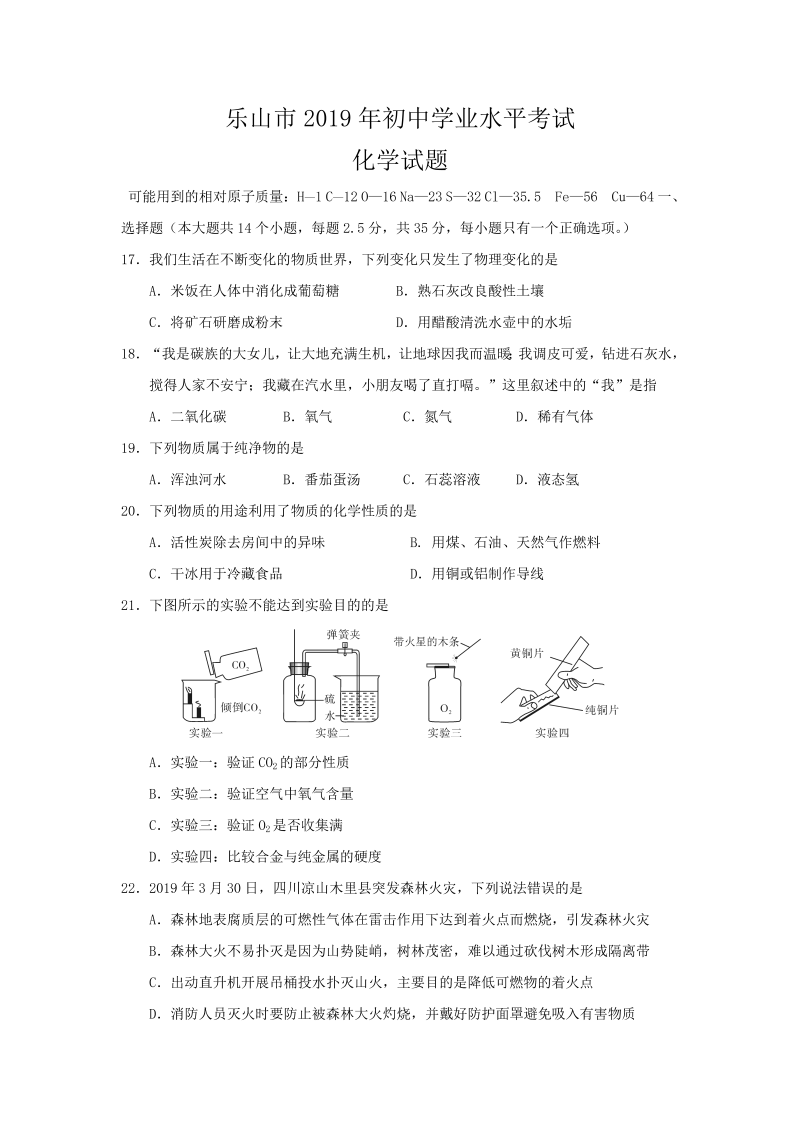 2019年四川省乐山市中考化学真题（含答案）