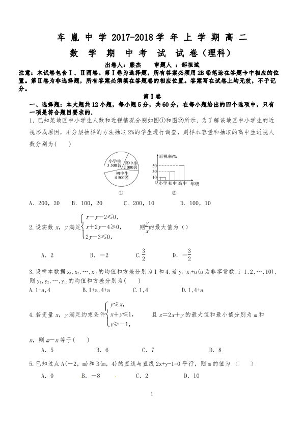 湖北省荆州市公安县2017-2018学年高二数学上学期期中试题[理科]（PDF版，无答案）.pdf