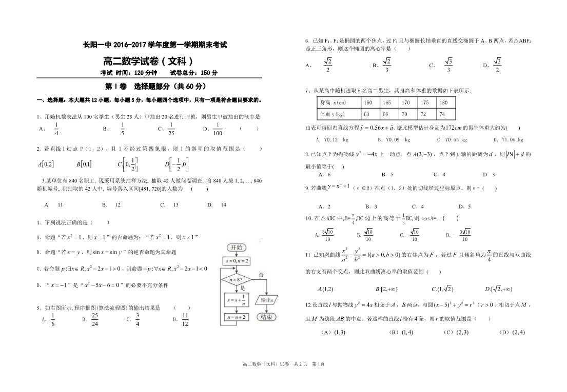 湖北省长阳县第一高级中学2016-2017学年高二数学上学期期末考试试题 [文科]（PDF，无答案）.pdf