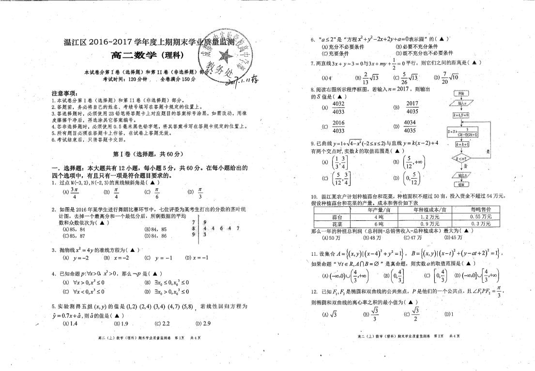 四川省成都市温江区2016-2017学年高二数学上学期期末检测试题 [理科]（PDF，无答案）.pdf