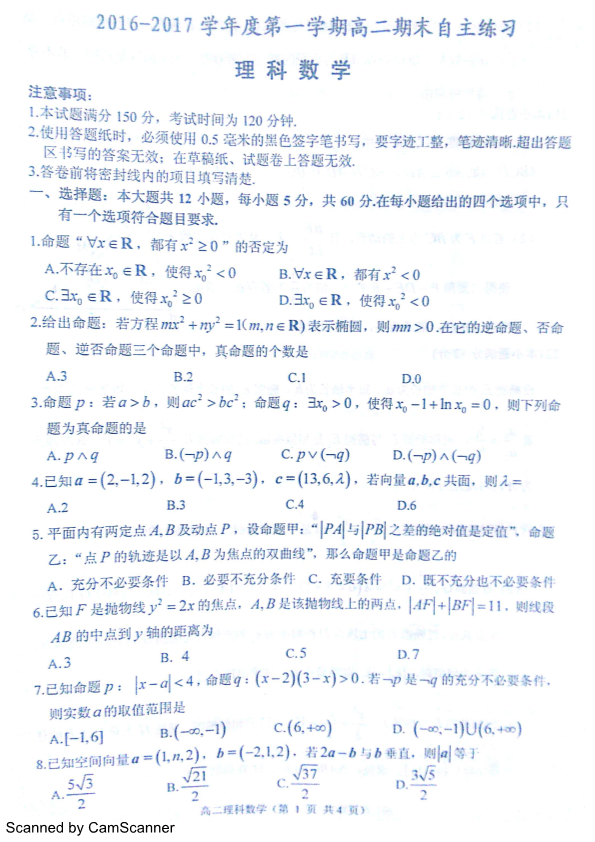 山东省烟台市2016-2017学年高二数学上学期期末考试试题 [理科]（PDF，无答案）.pdf