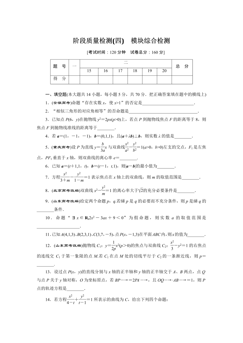 2018-2019学年苏教版数学选修2-1阶段质量检测（四）模块综合检测（含解析）