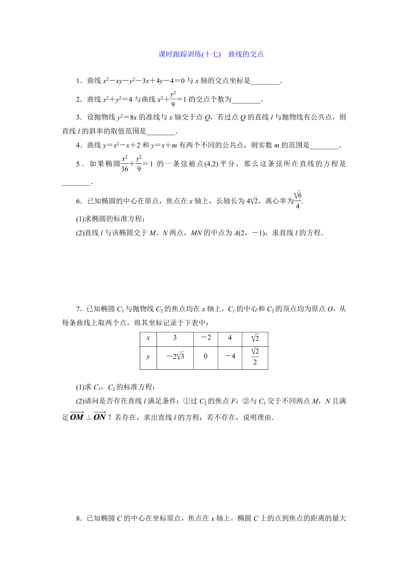 2018-2019学年苏教版数学选修2-1课时跟踪训练（十七）曲线的交点（含解析）