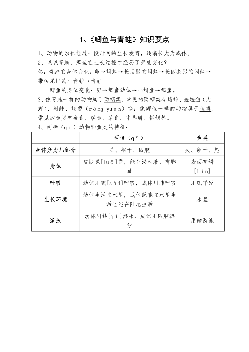 2020新粤教版三年级上册科学1、《鲫鱼与青蛙》知识点.docx