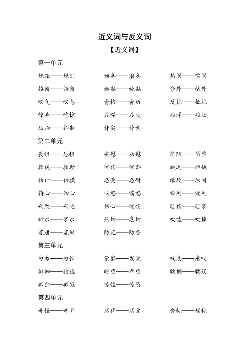 六年级语文下册  复习资料近义词和反义词（部编版）