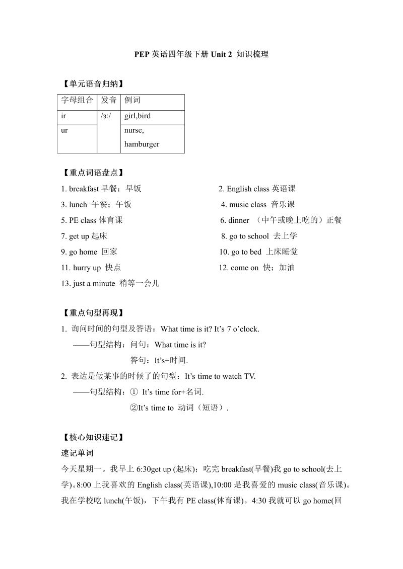 四年级英语下册  【完美】单元知识梳理-Unit 2（人教PEP）