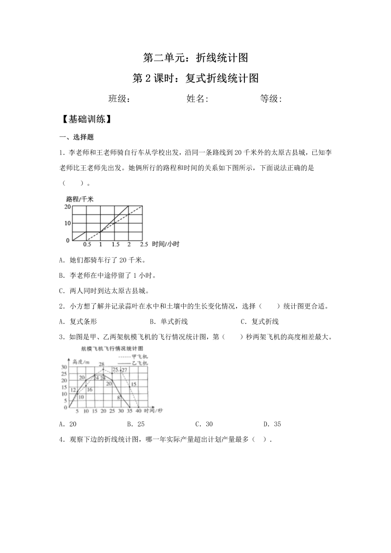 五年级数学下册  分层训练 2.2 复式折线统计图 基础+拔高 同步练习 （含答案）（苏教版）