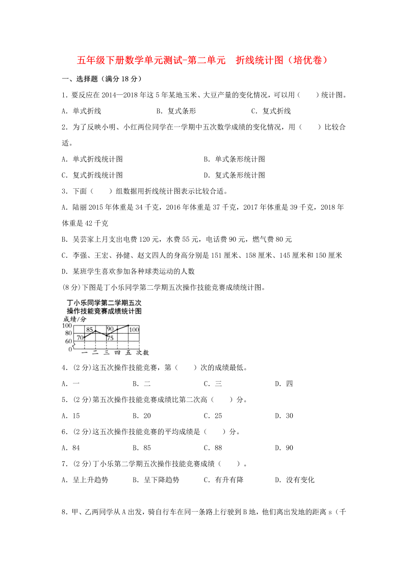 五年级数学下册  分层训练 基础+拔高 单元测试-第二单元 折线统计图（培优卷） （含答案）（苏教版）