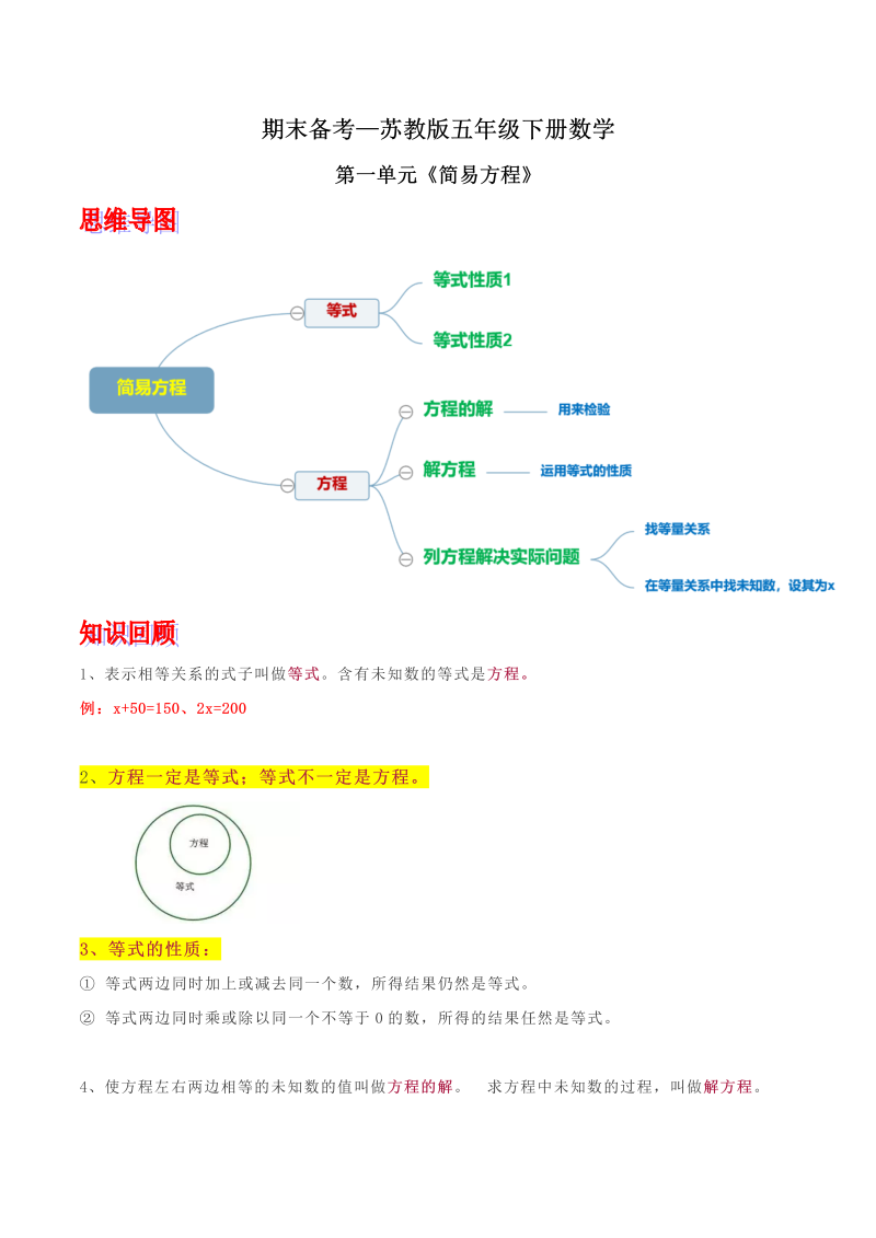 五年级数学下册  知识点总结（苏教版）