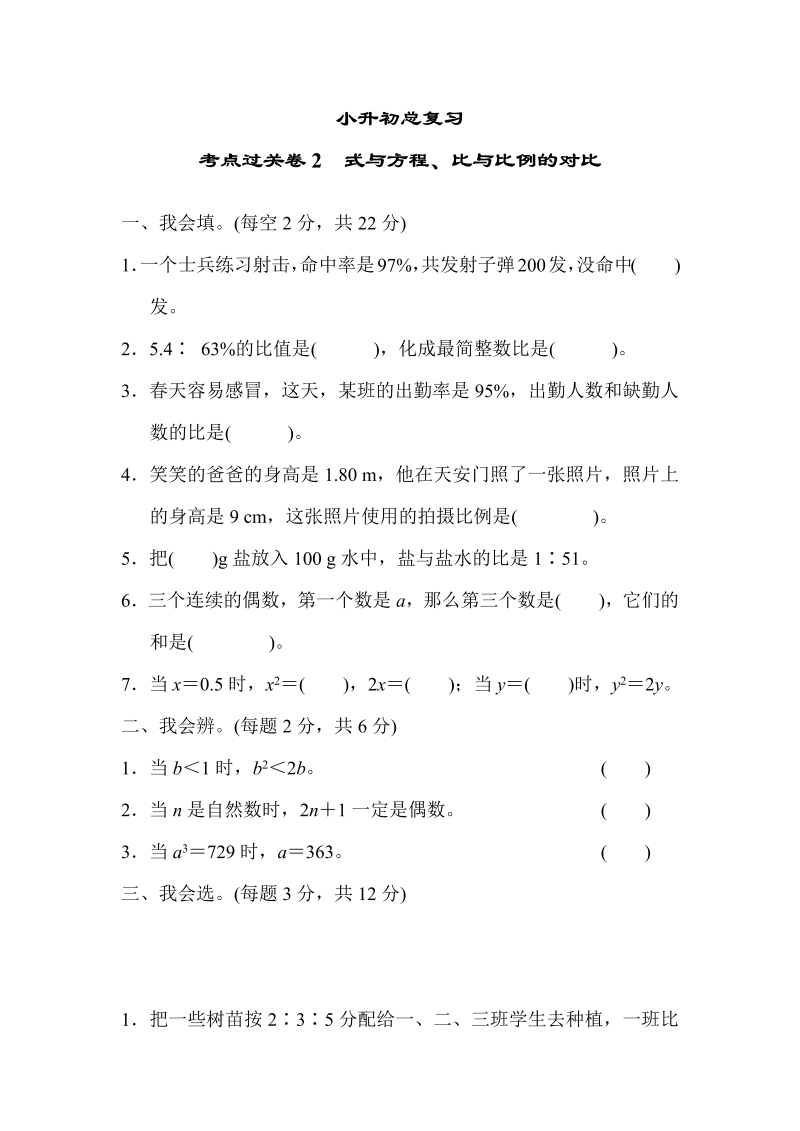 六年级数学下册  考点过关卷2 式与方程、比与比例的对比（人教版）