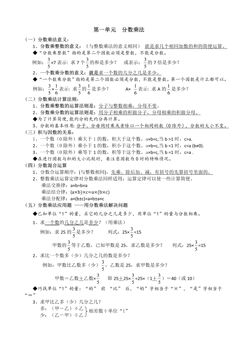 新人教版数学六年级上册总复习知识点整理归纳整理