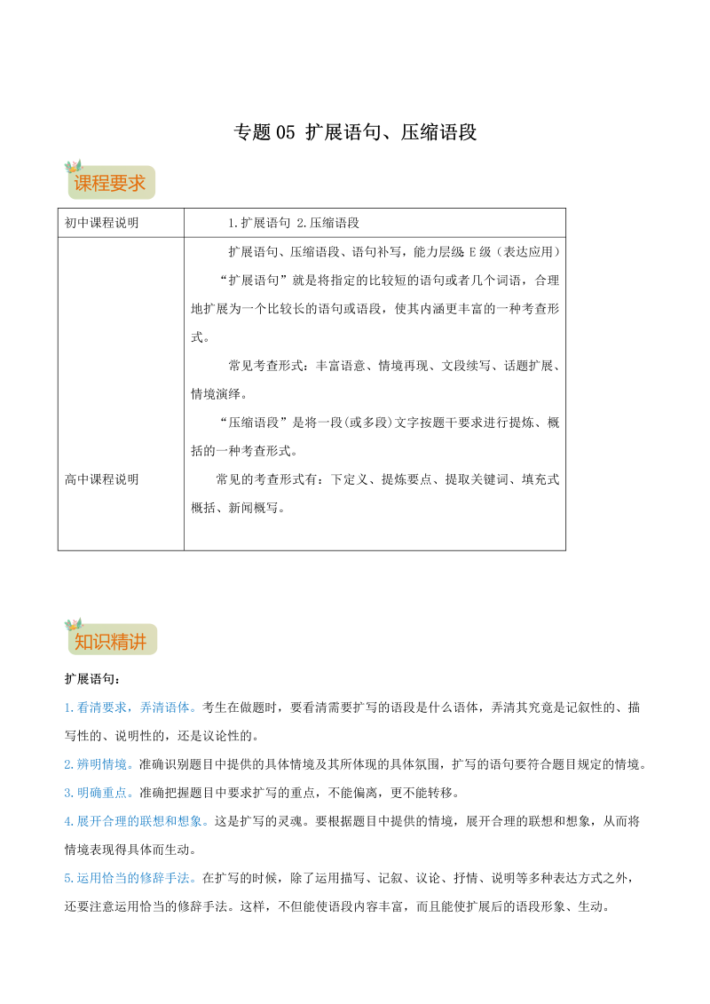 专题05　扩展语句、压缩语段-2021年初升高语文暑假衔接讲练（统编版）（解析版）