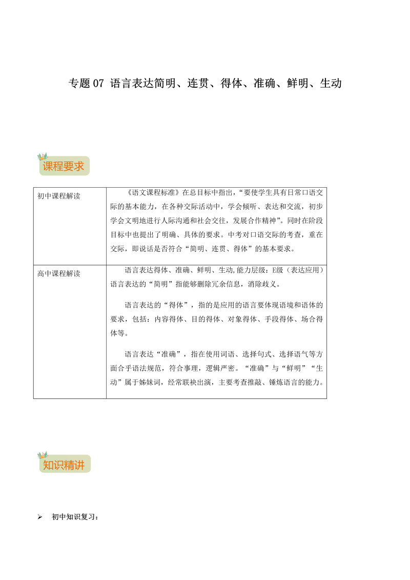 专题07  语言表达简明、连贯、得体、准确、鲜明、生动-2021年初升高语文暑假衔接讲练（统编版）（原卷版）