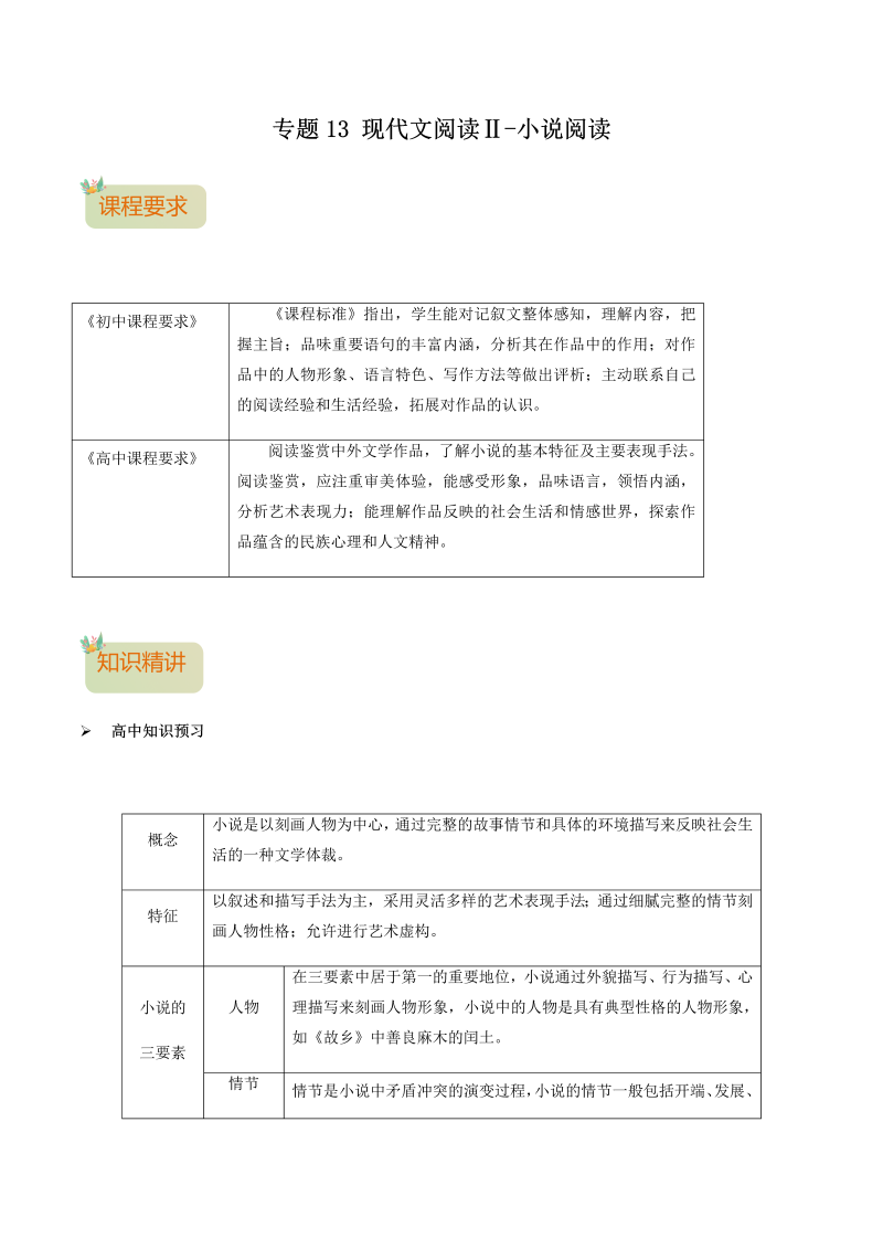 专题13 现代文阅读Ⅱ-小说阅读_-2021年初升高语文暑假衔接讲练（统编版）（解析版）