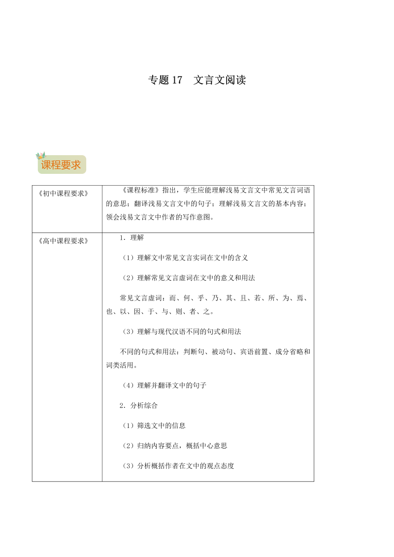 专题17  文言文阅读 -2021年初升高语文暑假衔接讲练（统编版）（原卷版）