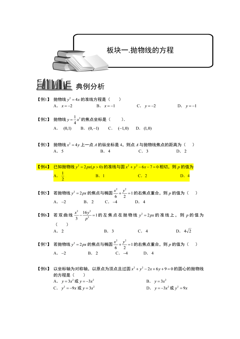 高中数学完整讲义之抛物线.板块一.抛物线的方程.学生版