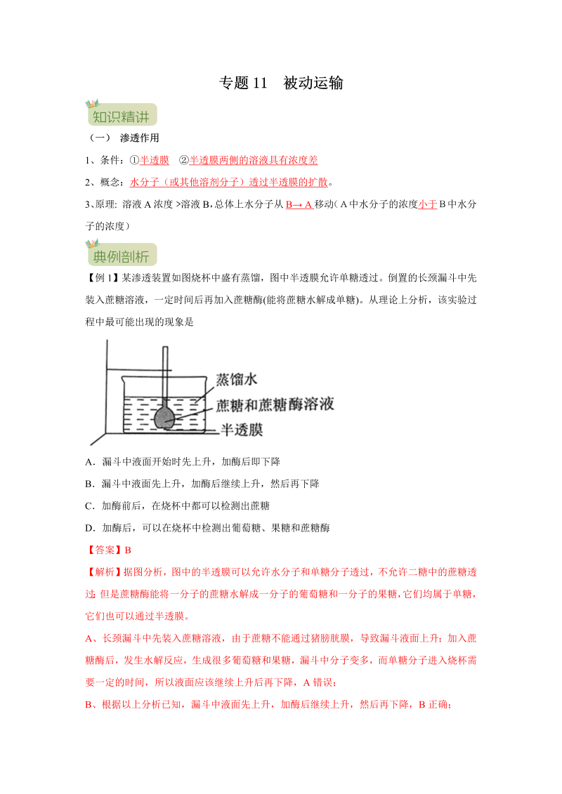 第11讲 被动运输（解析版）-初升高生物暑假衔接讲义