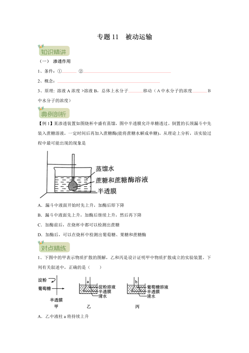 第11讲 被动运输（原卷版）-初升高生物暑假衔接讲义