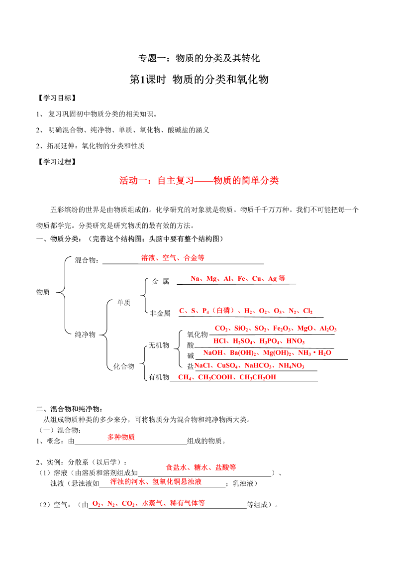 1.1 物质的简单分类和氧化物—初升高化学暑假衔接讲义（解析版）（人教版必修1）