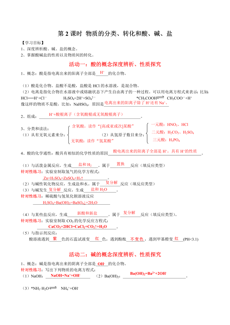 1.2 物质的简单分类、转化和酸碱盐—初升高化学暑假衔接讲义（解析版）（人教版必修1）