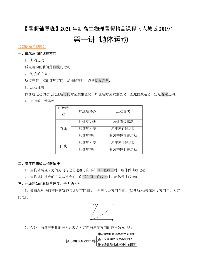 第1讲 抛体运动（教师版含解析）