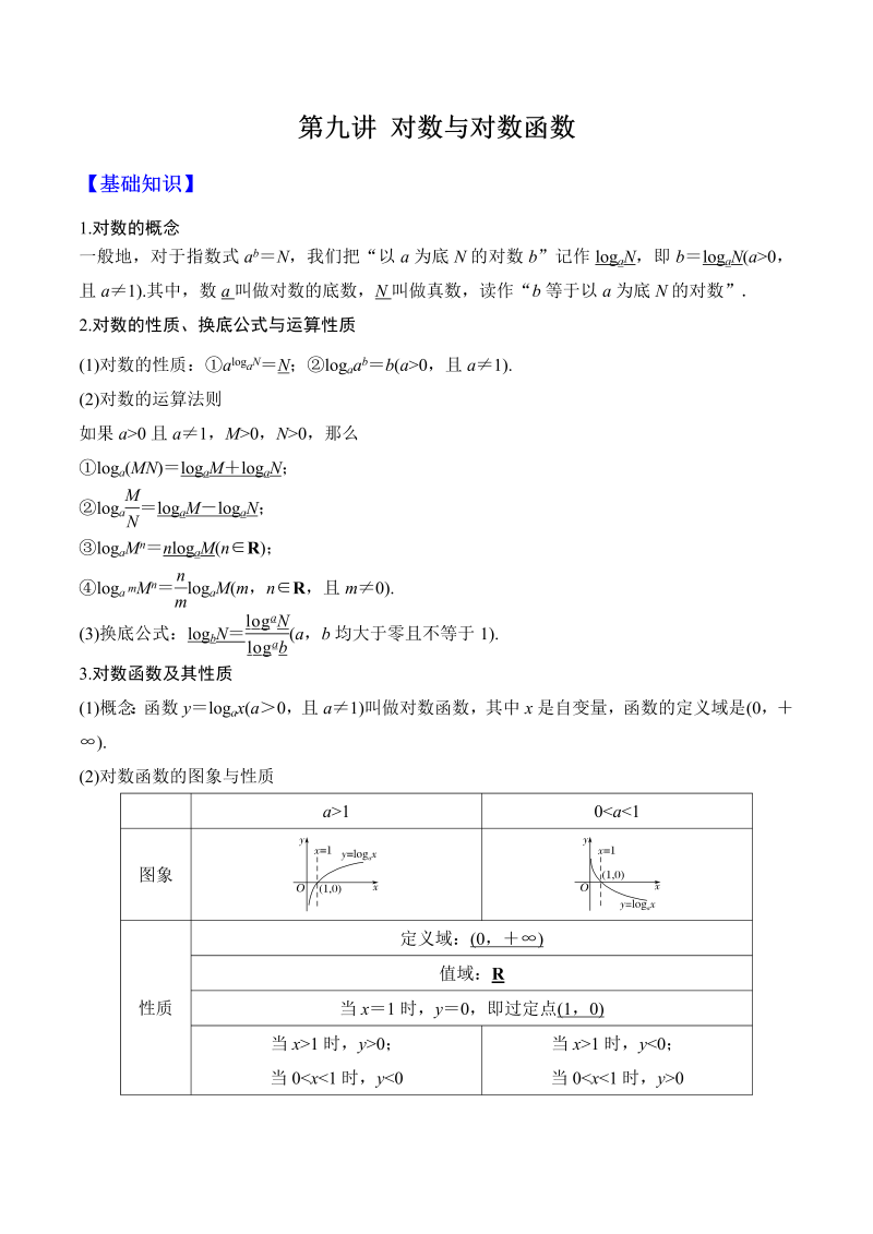 第9讲 对数与对数函数（原卷版）(人教版2019)