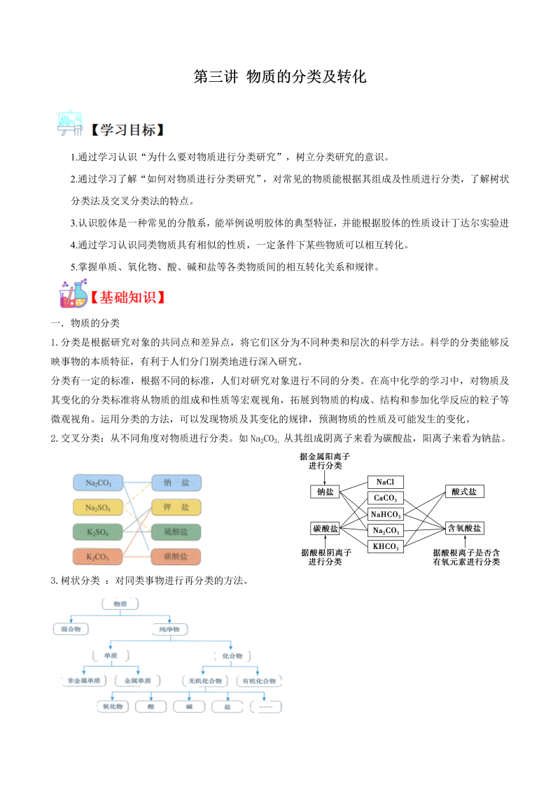 讲义03 物质的分类及转化（学生版）