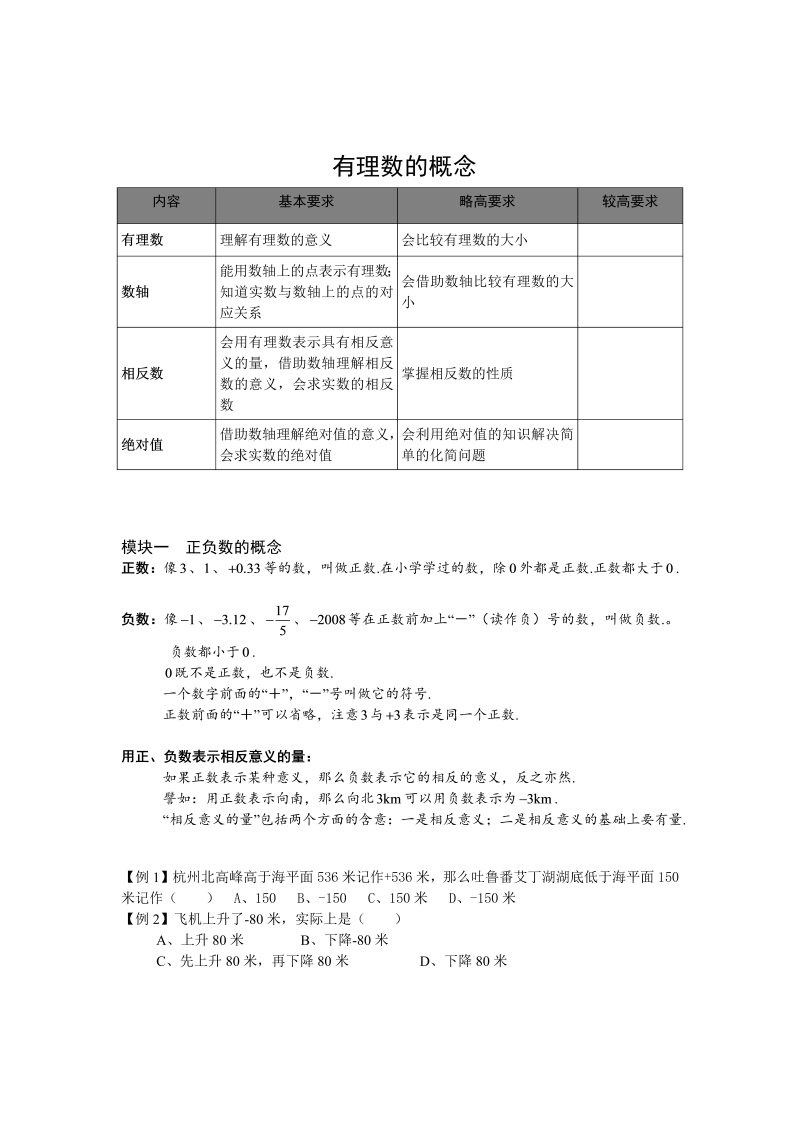 初中数学.有理数的概念.第01讲（学生版）